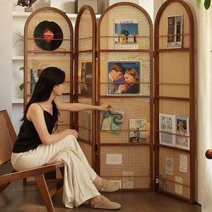 Retro Style Movable Rattan Folding <b>Screen</b> Solid Wood Frame Room Divider For Living Room Bedroom Entryway Partition With Shelves - Product Image 5