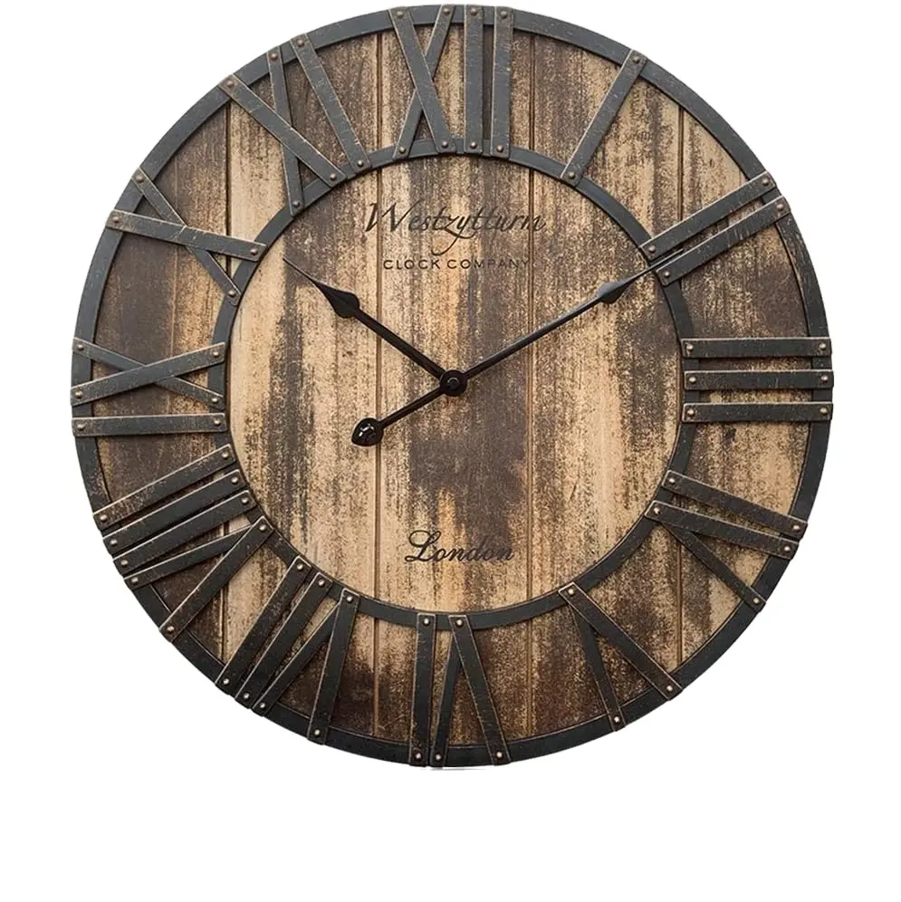 Jam dinding kayu Rustic Farmhouse angka Romawi jam dinding antik dekoratif besar dioperasikan baterai jam gerakan Diam
