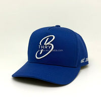 Stevige koninklijkblauwe hoge kroon katoenen baseballcap met aangepaste 3D script borduurlogo, gebogen klep, snapback sportpet