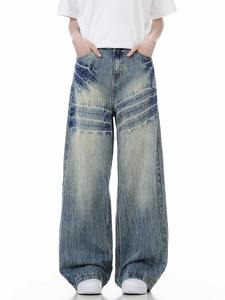 Jeans américains à motif de foudre délavé pour hommes, pantalon large rétro et <span class=keywords><strong>beau</strong></span>, pantalon ample de rue haute - Product Image 2