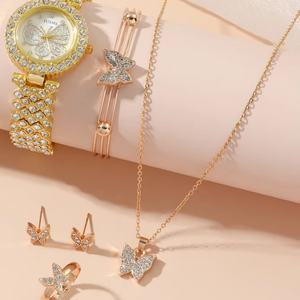 Nuevo y Moderno Reloj de Cuarzo con Esfera de Cristal y Aleación para Mujer, con Diseño de Mariposa, Juego de Joyería de 5 Piezas con Brazalete y Anillo de Compromiso con Diamantes - Product Image 2