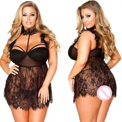 Lencería Sexy de talla grande para mujer, ropa de dormir con encaje de retales, pestañas huecas