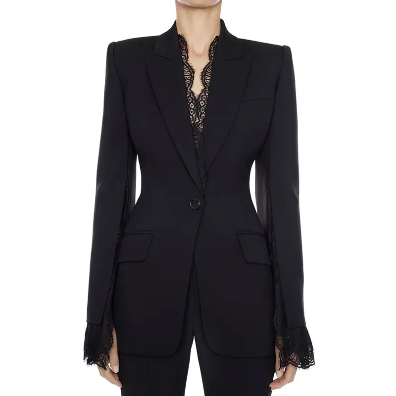 HIGH STREET 2022 Stylish Designer Blazer Jacket Women's Lace Fringe Slit Sleeve Single Button Blazer Office Lady Black Blazer
