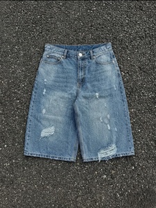 Pantalones Cortos Bermuda de Mezclilla Desgastada para Hombre, Cintura Media, Algodón Lavado, Estilo Casual, Cierre de Botones - Product Image 1