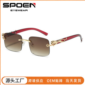 Gafas de sol rectangulares sin montura a la moda UV400 para mujer, protección solar, monturas decoradas con leopardo - Product Image 5