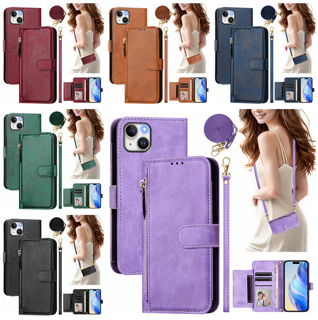 Zipper Multifunction Wallet Leather Bags Case for Iphone 16 15 14 13 Mini 12 11 PRO MAX XS Money Purse Cover Lanyard for Women