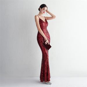 Toptan hazır gemi zarif artı boyutu abiye seksi kırmızı V boyun siyah payetli balo parti kıyafeti uzun - Product Image 4