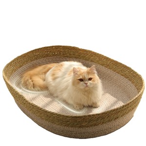 Lit rond tissé pour <span class=keywords><strong>chat</strong></span>, vente en gros d'usine, <span class=keywords><strong>panier</strong></span> rafraîchissant d'été pour <span class=keywords><strong>chat</strong></span> avec coussin, lit mignon pour chaton d'intérieur - Product Image 4