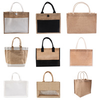 Sacs de courses écologiques réutilisables en jute et lin, taille personnalisée, sac fourre-tout en toile de jute imprimé avec fond en coton