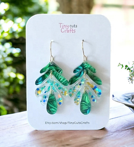 Boucles d'oreilles pendantes en acrylique feuilles tropicales scintillantes, frondes de <span class=keywords><strong>palmier</strong></span> vertes, bijoux de plage, style bohème <span class=keywords><strong>aquarelle</strong></span>, cadeau pour femme avec résine/lucite - Product Image 2