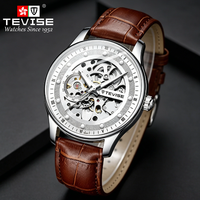 Montre mécanique automatique squelette de luxe pour homme TEVISE, bracelet en cuir, étanche, Reloj Para Hombre
