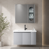 Meuble-lavabo mural gris étanche à 3 portes avec miroir LED et vasque en céramique pour hôtel et appartement - Vente en gros usine