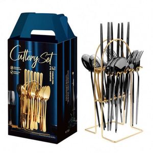 Stainless Steel Eco-Friendly Luxury Knife Fork Spoon Set 24pcs Gold Rose Gold Flatware Stand Food Grade High <b>Mirror</b> Polish - Product Image 4