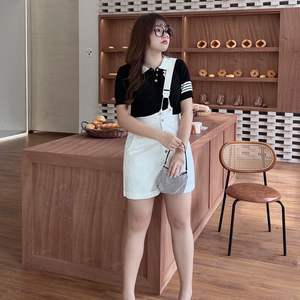 Salopette courte en jean taille haute asymétrique Runqi N8062 pour femme, grandes tailles, noire et blanche, boutonnée, style tendance - Product Image 2