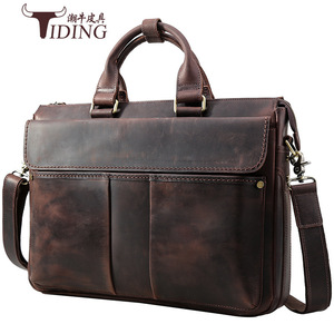 Tiding Genuine Leather <b>Briefcase</b> Large Capacity Men's Business Bag Dark Brown 1096 - Product Image 1