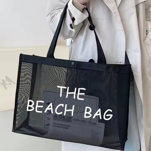 Gran oferta, bolsa de malla de compras con logotipo impreso para supermercado, uso diario, bolsa de compras reutilizable con asa ancha para la playa - Product Image 1