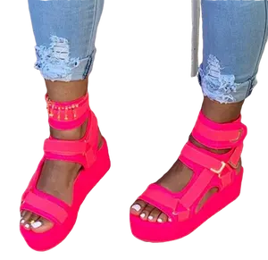 De gros néon rose plate-forme-Chaussures d'été à semelle compensée pour femmes et dames, sandales hautes, à bout ouvert, décontractées, collection 2020