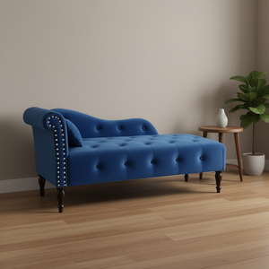 Chaise Longue Aijia in Velluto Blu, 60.6 Pollici, con Lavorazione Trapuntata e Borchie, Gambe in Legno Massello, Design con Bracciolo Sinistro - Product Image 2