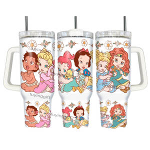 Bouteille isotherme en acier inoxydable de 40 oz avec logo personnalisé, motif Princesse de dessin animé, avec poignée et paille - Product Image 5