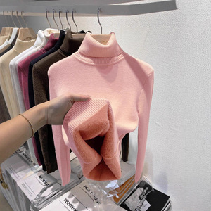 Suéter de cuello alto para mujer, forrado de lana, grueso, de manga larga, capa base, color liso, ajuste holgado, cálido para otoño e invierno - Product Image 4