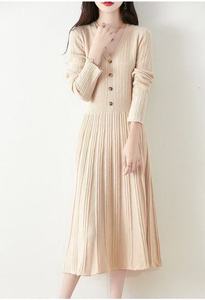 Wool A-Line Elegant Autumn Long Sleeve Button Sweater <strong>Dress</strong> with V-Neck Natural Waist Thick Simple Midi - Product Image 2
