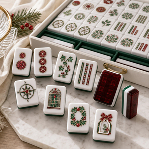 Custom Holiday Theme Acrylic Mahjong Set High End Red Green Glitter Engraved Game Tiles with Storage Case - Product Image 2