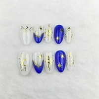 Seni kuku buatan tangan, desain Bintang berbentuk almond berwarna biru, berkualitas tinggi, dan dapat digunakan kembali.