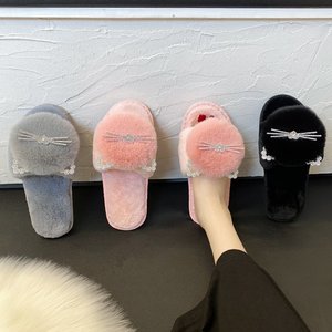 Zapatillas peludas de mujer con punta abierta de nuevo estilo al por mayor, Zapatillas de casa con calefacción plana de piel de conejo y gato barbudo para invierno, nuevas zapatillas extranjeras - Product Image 1