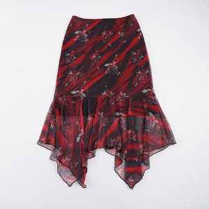 Elegante Falda Midi de Malla Transparente con Estampado Vintage y Dobladillo Asimétrico, Estilo Casual para Vacaciones, Cintura Baja - Product Image 6