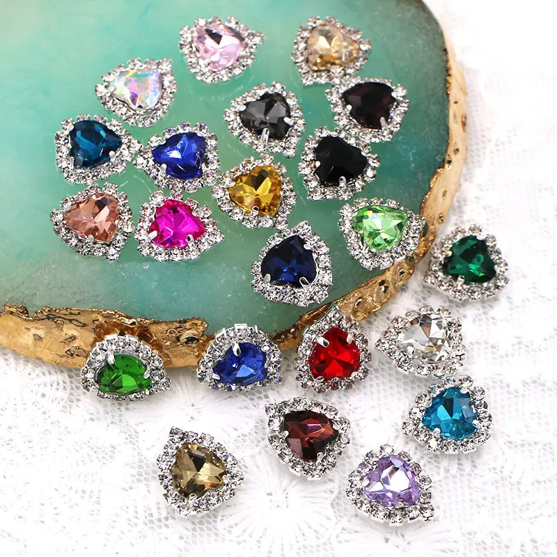 Multicolor Loose Rhinestones Crystal Glass Stones Sliver Base Cup Heart Shape Claw Rhinestones