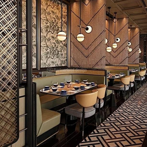 Asientos Modulares de Cuero Marrón con Cojines Decorativos y Mesas de Madera Maciza para un Gastropub o Lounge de Cócteles Moderno - Product Image 6