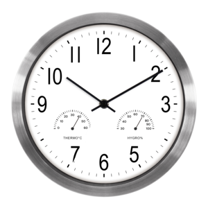 Reloj de pared pequeño de 10 pulgadas con marco de aluminio y bisel metálico blanco, con termómetro y higrómetro, para clínica pediátrica o sala pediátrica. - Product Image 1