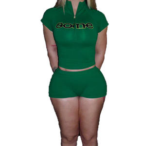Женский комплект из 2 предметов с принтом букв, повседневный спортивный укороченный топ на молнии и шорты, уличная одежда, эластичные узкие уличные костюмы - Product Image 4