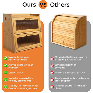 Bamboo Bread Box Double Layer Storage Cabinet With Transparent Dustproof Doors <b>Kitchen</b> Countertop Solid Wood Bread Keeper - Product Image 4
