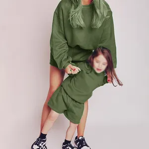 Spring Mother And Daughter Matching Outfits Oversized Pullover Sweater Cotton Track Shorts Two Piece Shorts Jogger Set Family