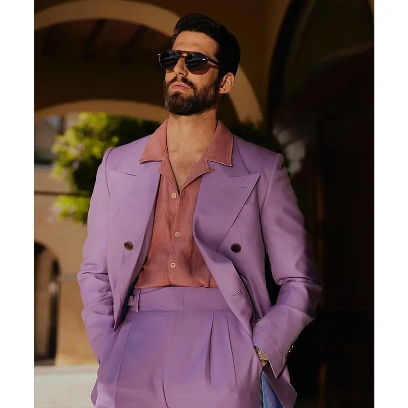 Wholesale Latest New Lavender Purple Men Suit Fashion Double Breasted Wedding Suits Men's Casual Slim Fit Party Suits & Blazer