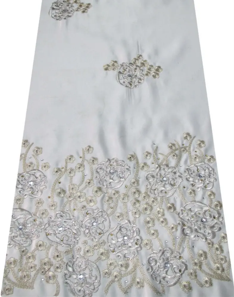 100% polyester satin fabric with two tone metallic embroidery designs with stones for garment or dress