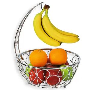 Detachable Fruit Basket Bowl with Banana Tree Hanger Holder Metal 2 Tier Chrome and Black for Kitchen Counter