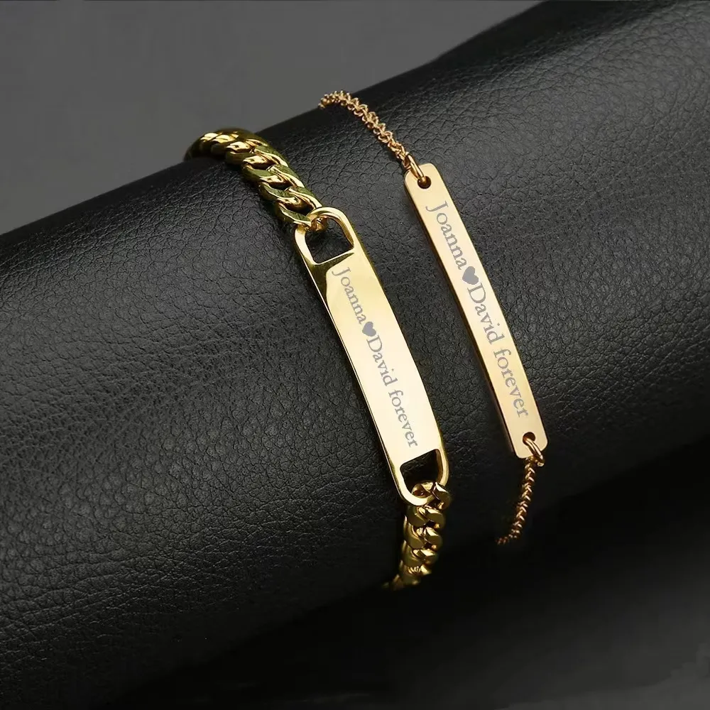 Braccialetto con barra vuota con Logo inciso personalizzato in acciaio inossidabile con catena d'oro sottile regolabile personalizzato per le donne