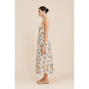 Women's Boho Dress Sexy <strong>Halter</strong> Front Slit Sleeveless Printed <strong>Satin</strong> With Embroidered Craft square Collar - Product Image 4