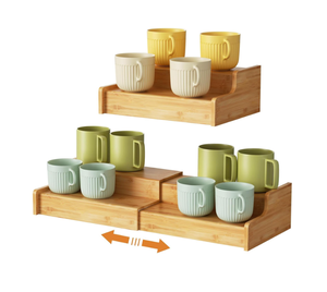 Nueva innovación, soporte extensible <span class=keywords><strong>de</strong></span> 2 niveles para tazas <span class=keywords><strong>de</strong></span> café, estante para tazas <span class=keywords><strong>de</strong></span> bambú, portavasos, estante para gabinetes <span class=keywords><strong>de</strong></span> cocina - Product Image 1