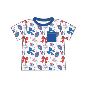 Ropa de bebé del Día DE LA Independencia personalizada al por mayor de fábrica, camisetas de bolsillo de manga corta de bambú orgánico para bebés, niñas y niños - Product Image 4