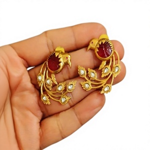 Stunning Vintage Gold Plated Alloy Chandelier <b>Earrings</b> With <b>Red</b> Stone And Zircon Leaves For Women Wedding Jewelry - Product Image 2