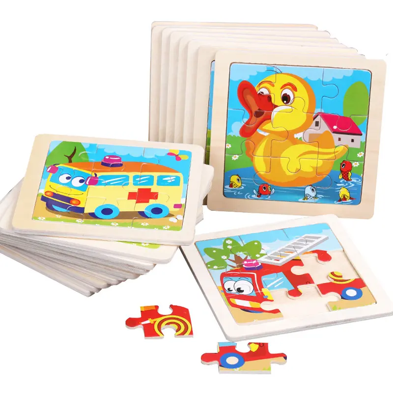 Großhandel 9 Pcs 10cm kleine Holz puzzle Verkehr Tier Montessori Kinder Frühes Lernen Spielzeug Kinder Kleinkind Teach Aids