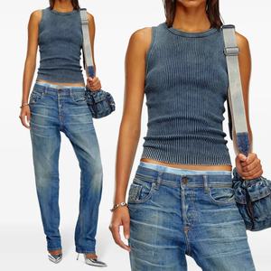 Camiseta sin mangas de algodón acanalado para mujer, corte moderno y ajustado, con espalda cruzada y cuello redondo, estilo cut-out, para chicas - Product Image 1