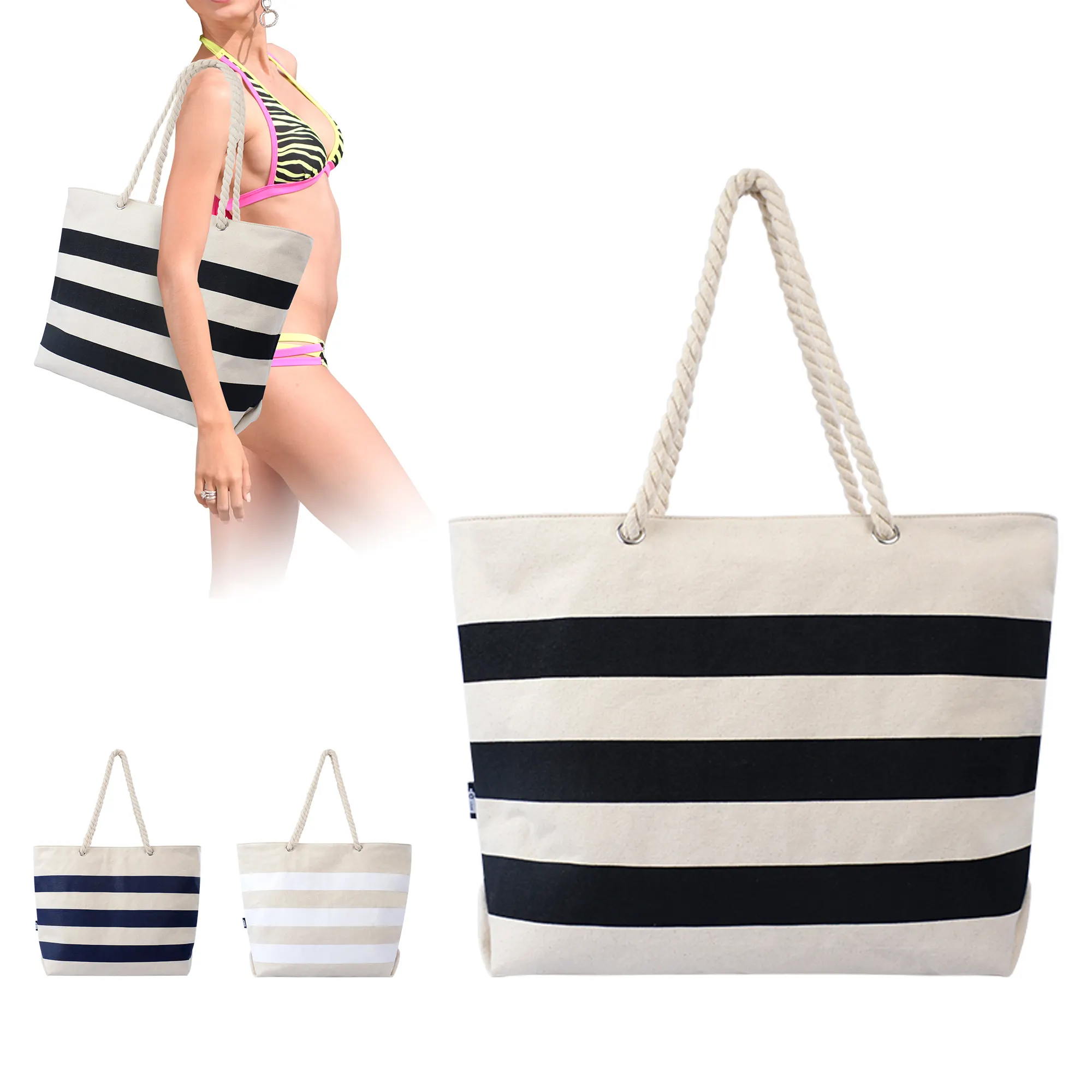 Stampa personalizzata spiaggia Shopper borse Tote in tela a righe in cotone da donna a tracolla con manico in corda di cotone