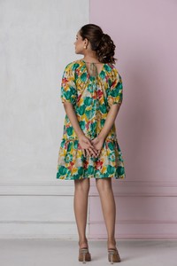 Vestido Mini con Estampado Floral Atrevido, Manga Abullonada, Cuello Redondo, Cintura Elástica, Corte Holgado, 100% Algodón, Informal, para Uso Diario en Verano - Product Image 2