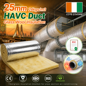 Rotolo di Lana di Vetro Rivestita FSK da 25mm, Ignifugo Classe A EN13501, per Isolamento Ventilazione HVAC e Tubi di Seminterrati - Costa d'Avorio - Product Image 1
