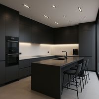 Îlot de cuisine de luxe en marbre artificiel avec cascade, éclairage LED intégré, armoires, évier et robinet