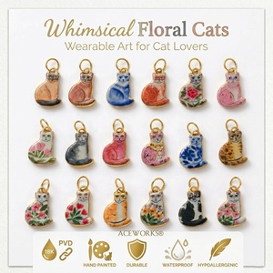 Chats floraux fantaisistes |   Pendentif chat en acier inoxydable plaqué or 18K PVD, émail peint à la main, imperméable, hypoallergénique et durable - Product Image 1